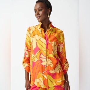 Joseph Ribkoff Linen Blend Floral Print Trapeze Blouse Size 8 Pink Multi Resort